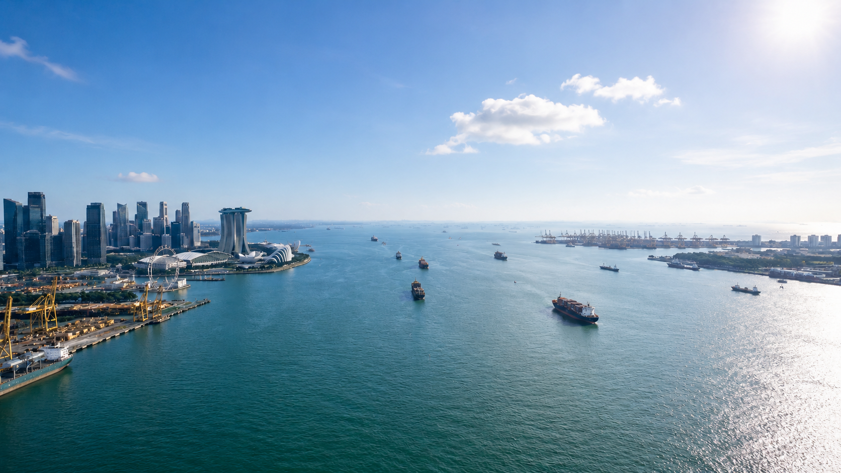 Aerial view of a busy port, shipping lanes, and a modern coastal city skyline