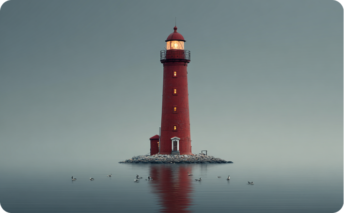 Red lighthouse on a small rocky island, reflected in calm water